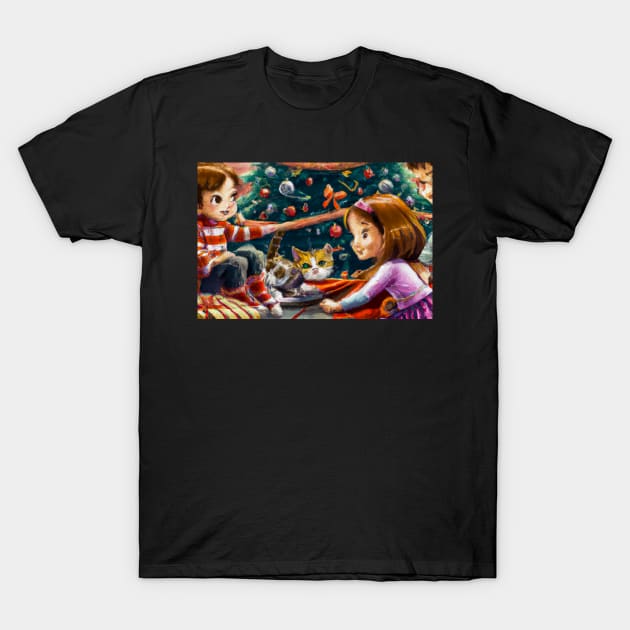 A brother and sister and cat on Christmas morning - Greeting Card T-Shirt by JohnCorney